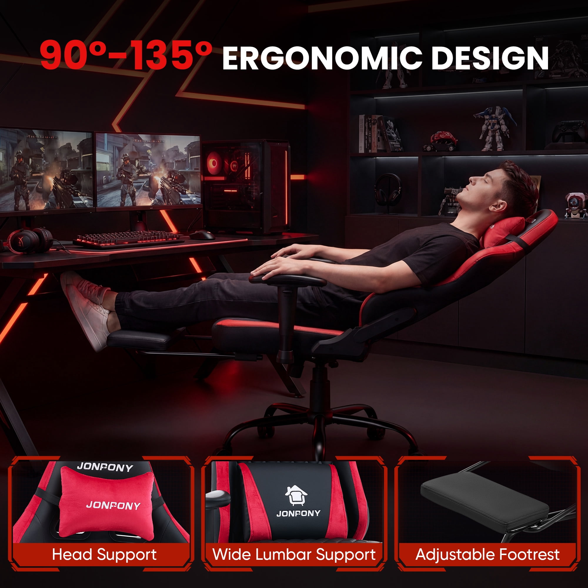 JONPONY Big and Tall 500LBS Ergonomic Gaming Chair, High Back Office Chair with Wide Wingless Seat and Thick Cushion, Comfortable Leather  Computer Chair Support Long Sitting,2D Armrests,Red