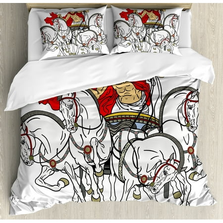 Equestrian Bedding - Toga Party King Size Duvet Cover Set, Hellenic Man on the Chariot Drawn by Roman Horses Early Ages Equestrian Image, Decorative 3 Piece Bedding Set with 2 Pillow Shams, Multicolor, by Ambesonne