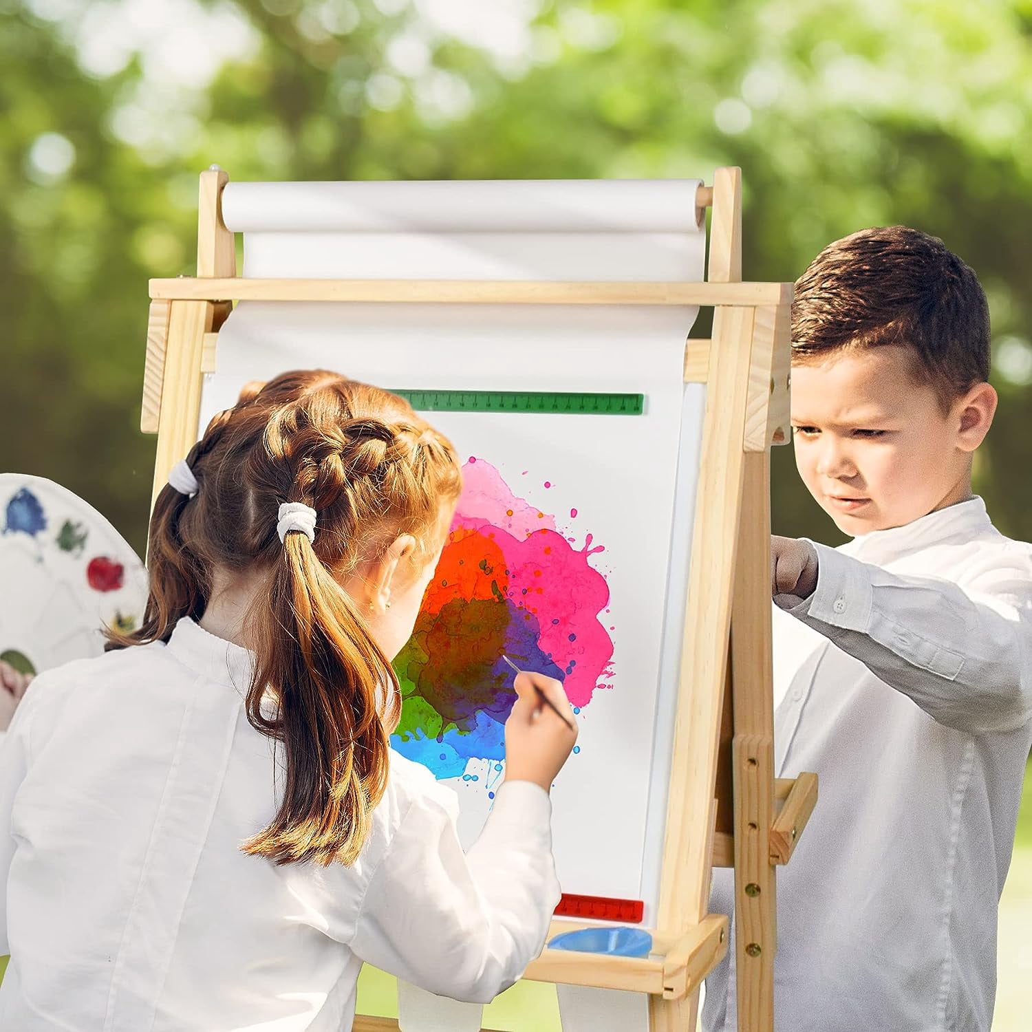 Joyooss Art Easel for Kids with Double-Sided Magnetic, Wooden Standing Kids Easel with Dry Erase Whiteboard & Chalkboard,Height Adjustable Children Easel with Paper Roll