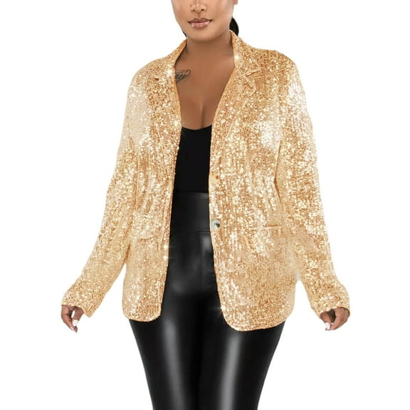 BYHONG Womens Jackets Shiny Sequin Open Front Coat Lapel Long Sleeve Cardigan Jacket Gold L