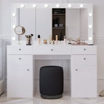 Boahaus Kiana Extra Large Makeup Vanity with Lights, Mirror, Stool, 7 Drawers, USB, White