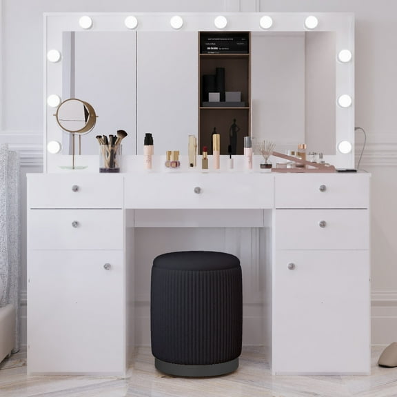 Boahaus Kiana Extra Large Makeup Vanity with Lights, Mirror, Stool, 7 Drawers, USB, White