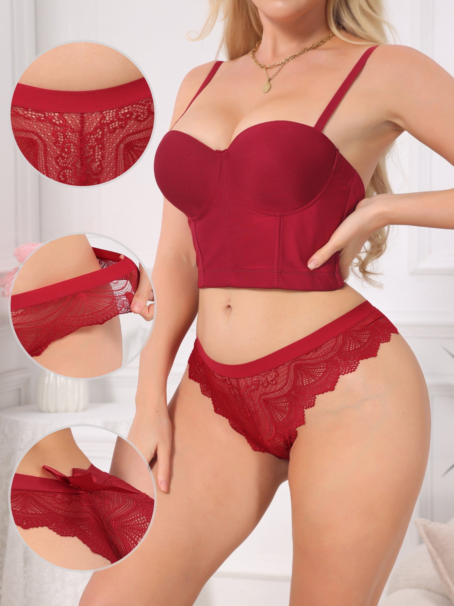 DARING DIVA Women's Lace Thong with Bow Detail Low Rise Soft Bikini Underwear 2XL Red