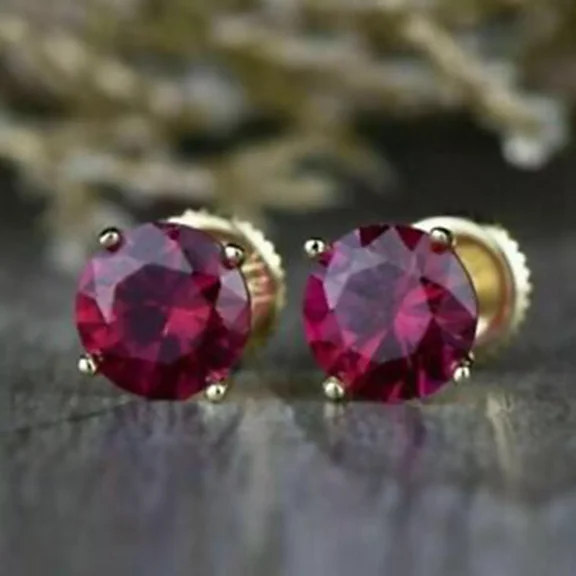 2.00 Ct Round Cut Lab-Created Red Ruby Solitaire Stud Earrings 14k Yellow Gold Plated