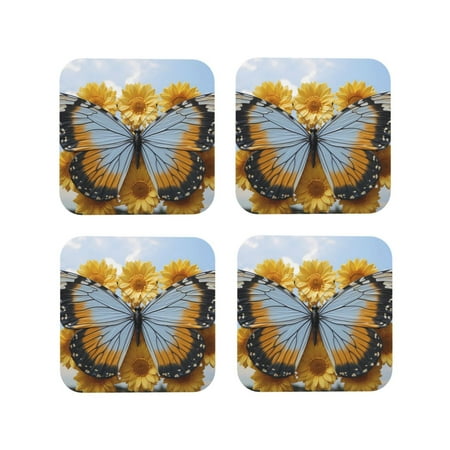 

Leather Coasters Set of 4 - Vibrant Butterfly And Sunflowers Lightweight Non-Slip Drink Coasters for Desk Anti-Scalding Desk Cup Coasters for Office Table Decor Square