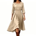 thumbnail image 2 of Nmnitkp Dresses for Women Crew Neck 3/4 Sleeve Solid Midi Dress Elastic Smocked Waist Loose Flowy Casual Dress for Brunch Everyday Wear Fall Outings and Casual Office Occasions Khaki,XL, 2 of 6