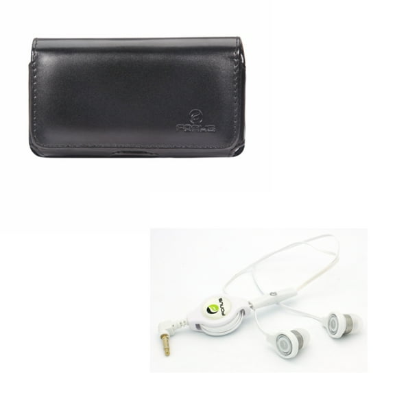 Black Leather Phone Case w Retractable Headset Hands-free Earphones w Mic L5Q for Coolpad Defiant, Canvas, Illumina - Doro Doro 824 SmartEasy - Google Pixel XL 3a - HTC 10, One M8 A9