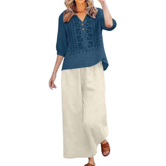 Linen Sets for Women 2 Piece Summer 2026 3/4 Sleeve Embroidered Boho Tops Wide Leg Pants Beach Vacation Outfits Lounge Wear,Dark Blue XL