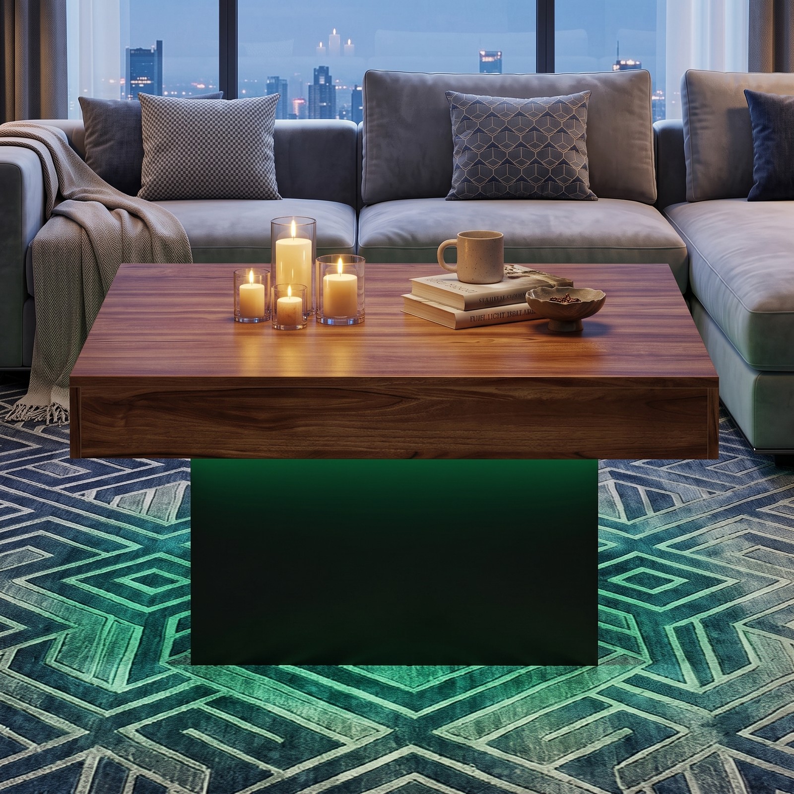 Furnibear LED Coffee Table Square Accent Table with RGB Lights and 21 Dynamic Modes, Remote Control, Engineered Wood Center Table for Living Room, Rustic Brown & Black