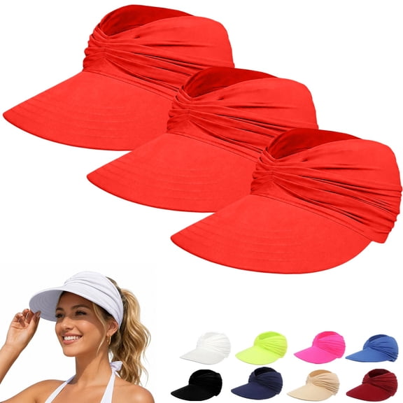 Helii Women Ponytail Sun Hat 3 Pack, Wide Brim Visor Crownless Breathable Elastic Cap with Pleated Detail, Foldable Packable Beach Running Travel Hat Black,One Size