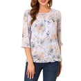 thumbnail image 6 of MODA NOVA Juniors Floral Round Neck Ruffled 3/4 Sleeves Flowy Chiffon Blouse, 6 of 7