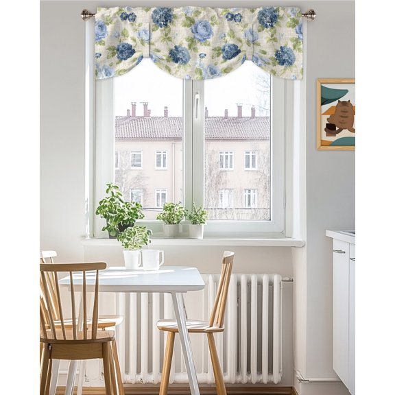 Tie Up Valance Curtain for Kitchen, Blue Flower Leaves Seamless Rod Pocket Short Curtains Adjustable Tie-Up Shade Valances 42x18in, Retro Floral Vine Window Treatment for Bedroom Bathroom