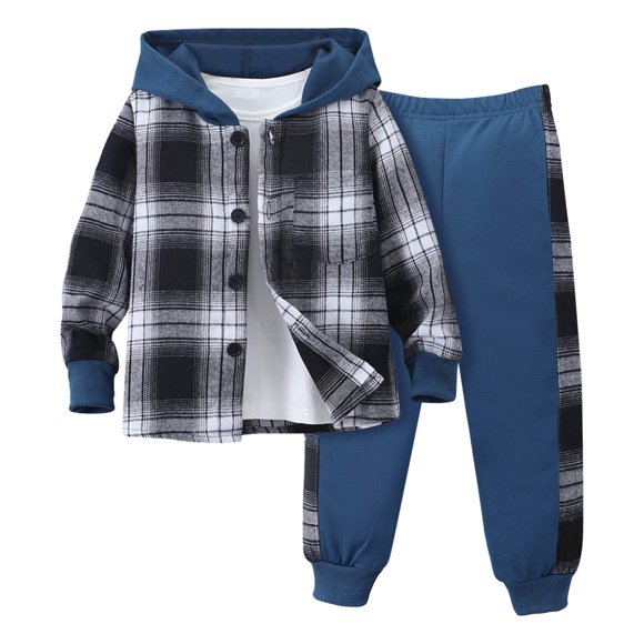 FhsagQ Outfits Little Boys Outfits Size 6-7 Winter Toddler Boys Girls Long Sleeve Patchwork Plaid Prints T Shirt Hooded Tops Pants Outfits Little Boys Outfits Size 9/10 Christmas Blue 5-6 Years