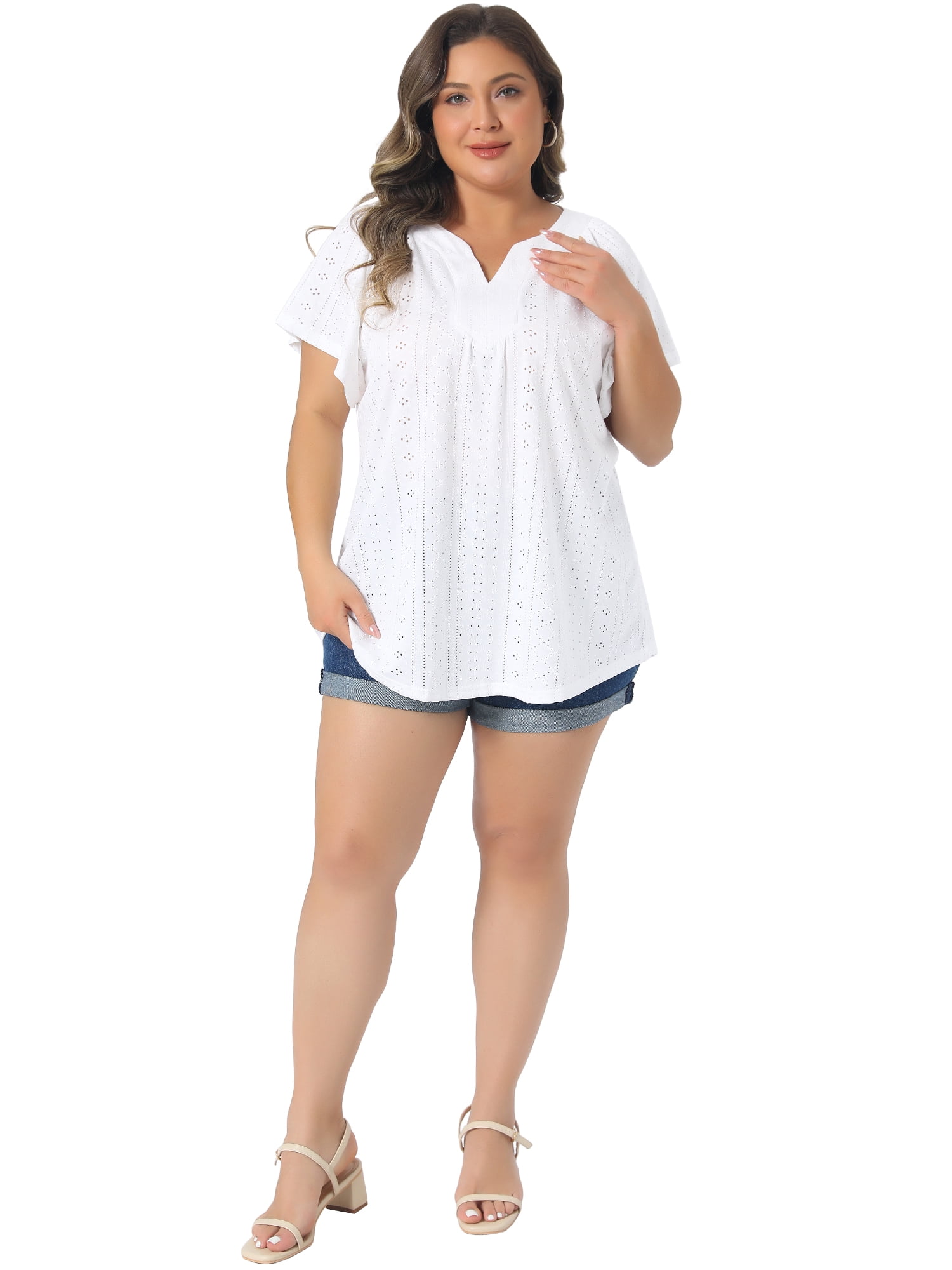 Women's Plus V Neck Short Sleeve Eyelet Embroidery Casual Blouse 1X White
