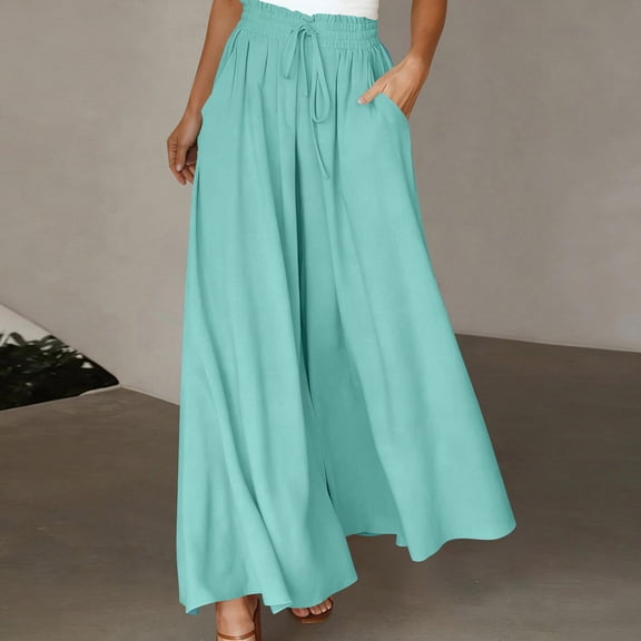 Oiangi Women's Flowy Palazzo Pants with Pockets Ruffled Elastic Waist Wide Leg Pant Casual Trendy Holiday Trousers for Fall Green 2XL