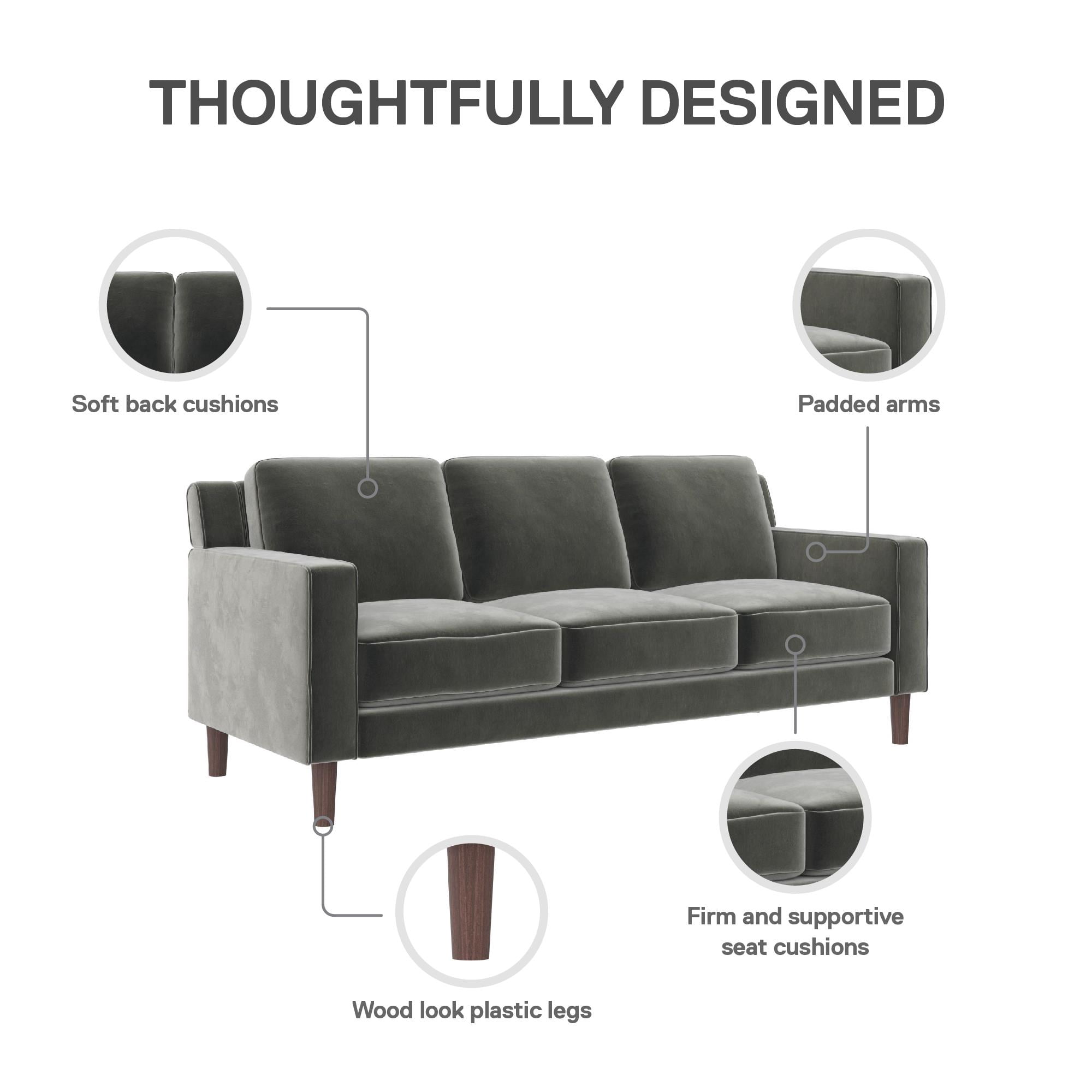 DHP Bryanna 3 Seater Sofa, Gray Velvet