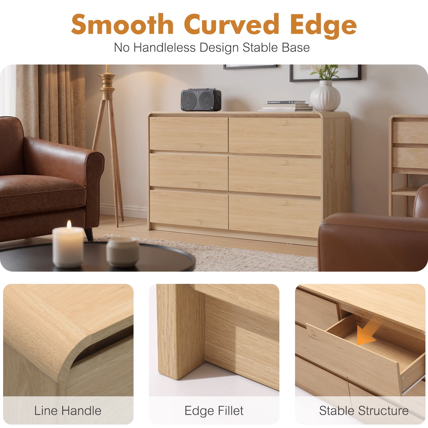 WACASA 6 Drawer Dresser for Bedroom, Brown Bedroom Dresser for Closet with Round Edge, Modern Wood Dressers & Chests of Drawers for Living Room, Hallway