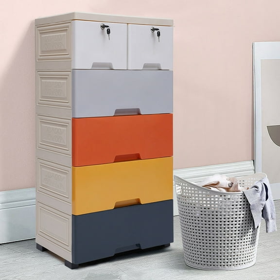 Fichiouy 5-Layer Storage Cabinet Baby Clothes Store Plastic Cabinet with 6 Drawers for Living Room Bedroom