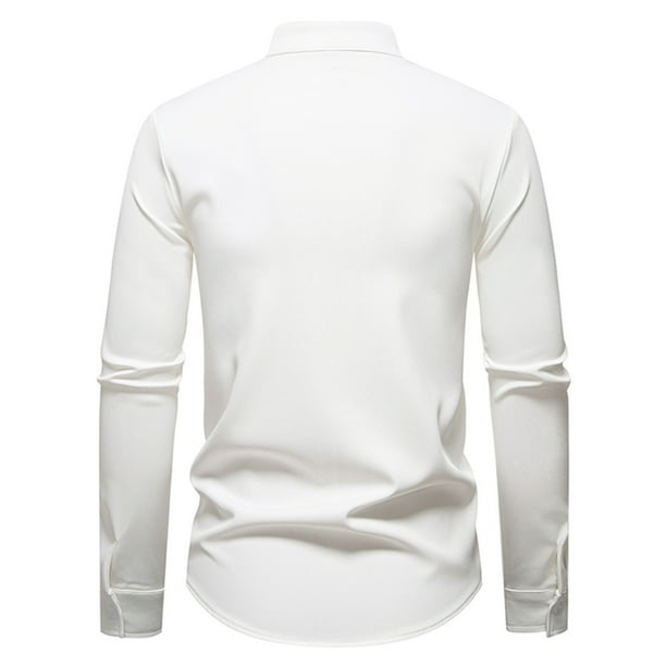 Blusa y camisa de manga larga con cuello vuelto para hombre, informal, a la moda, con botones sólidos, de poliéster, de manga larga y cuello vuelto.