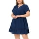 thumbnail image 1 of Women's Plus Size Dress V Neck Lace Insert Half Placket Short Sleeve Tie Waist Ruffle Hem Mini Dress Navy Blue 3X, 1 of 5