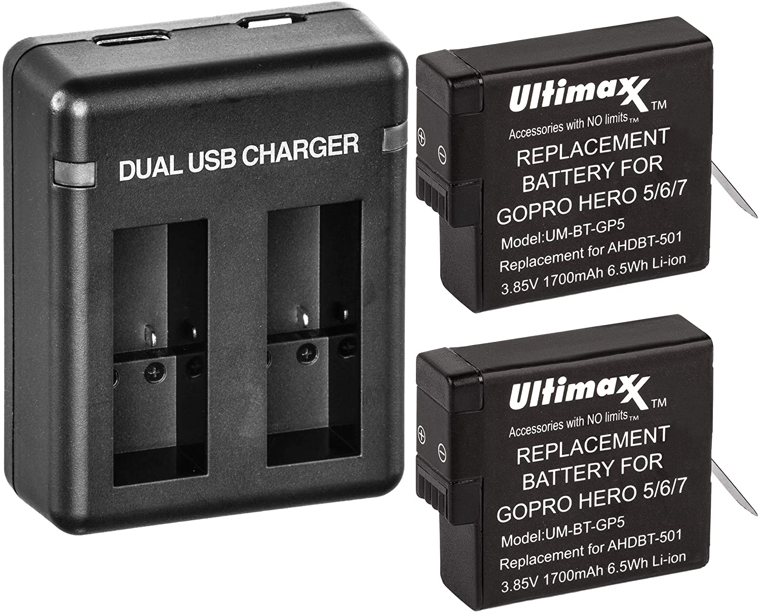 Ultimaxx Dual USB Battery Charger for GoPro Hero 5, 6, 7, 8 Batteries with 2X Extended Life Replacement Batteries (1700mAh / 3.85V / 6.5Wh) for Use with GoPro HERO5, HERO6, HERO7 & HERO8 Action Cams - image 5 of 7