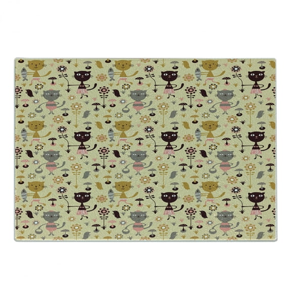 Cat Cutting Board, Feline Animals Holding Fish and Flowers in Forest with Mushroom and Squirrels, Decorative Tempered Glass Cutting and Serving Board, Small Size, Multicolor, by Ambesonne