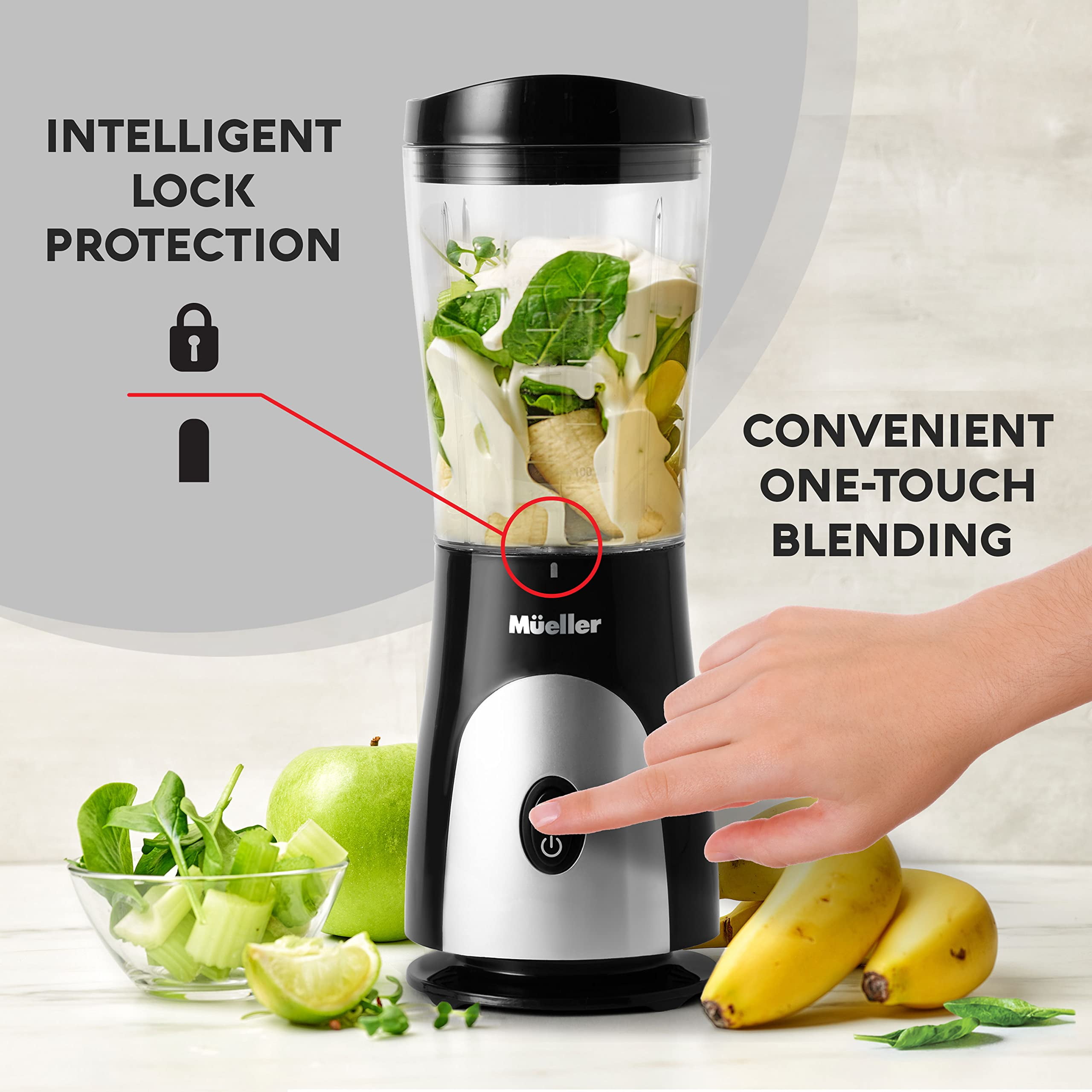 MÜELLERHOME Smoothie Blender – Personal Blender for Shakes, Frozen Drinks, Baby Food & More. 15oz Travel Cup, Lid, Durable Stainless Steel Blades, Powerful Motor, Black.