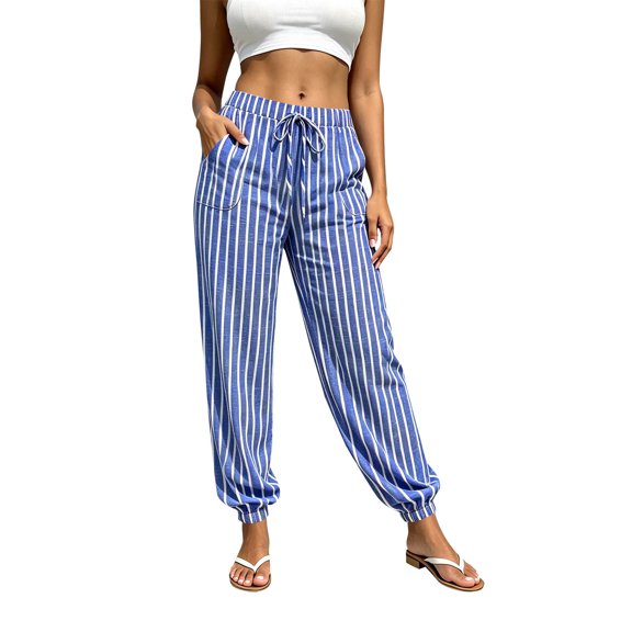 Ghalytn Women's Vertical Stripe Jogger Pants - Drawstring Waist Elastic Cuff Lounge Pants with Pockets