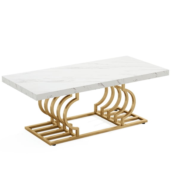 Spaco Rectangular Coffee Table, 47" Faux Marble Cocktail Table with Geometric Frame, Coffee Table for Indoor as Home, Living Room, White Golden
