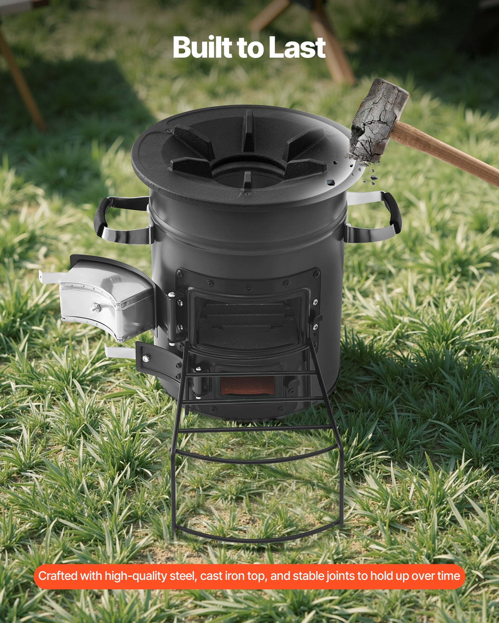 VEVOR Camping Rocket Stove, Wood Burning Portable Rocket Stove with Carrying Bag for Backpacking, SPCC Steel, Double Door, Burn Twigs, Sticks or Charcoals for Outdoor Cooking, Backyard, Camp Cooking