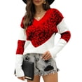 thumbnail image 3 of Womens Striped Sweater Casual Leopard Long Sleeve V Neck Chunky Knit Drop Shoulder Pullover Jumper Tops Red M, 3 of 8