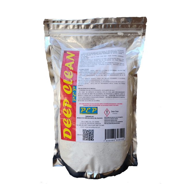 deep clean desengrasante en polvo biodegradable con gran poder de limpiezacon gran po empaque frontal tipo pouch metalizado, vista centrada; bolsa con cierre resellable, etiqueta blanca con franja rosa vertical "DEEPCLEAN", polvo blanco visible en el interior, logotipo P&P y texto de instrucciones legible; indicado para cocinas, restaurantes y limpieza de telas, a menudo usado también para desengrasar equipos en talleres.