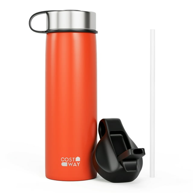 Costway Bouteille d'Eau Isolée à Double Paroi 22 oz en Acier Inoxydable avec 2 Couvercles et Paille