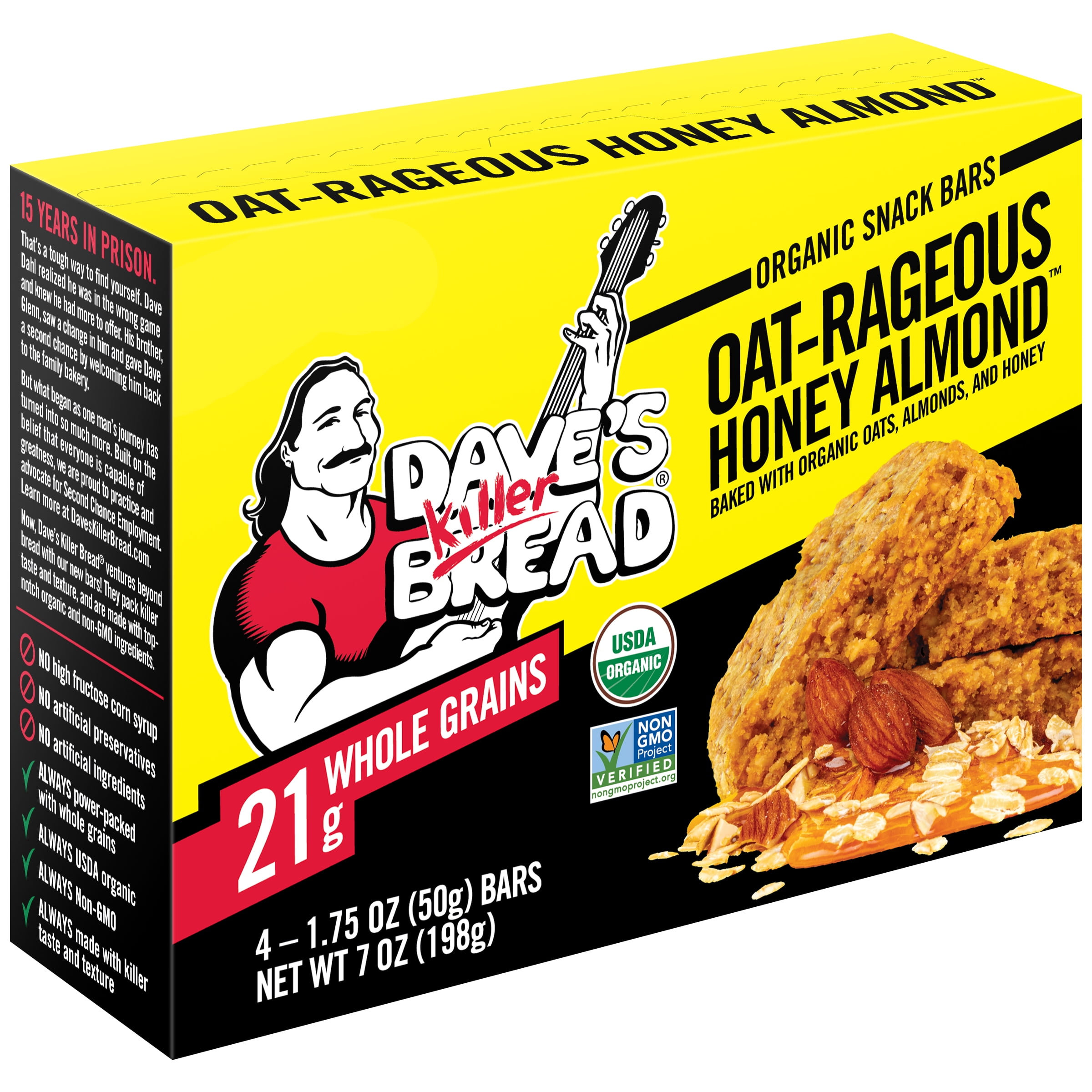 (2 pack) Dave's Killer Bread Oat-Rageous Honey Almond Organic Snack Bars, 4 Individually Wrapped Snack Bars
