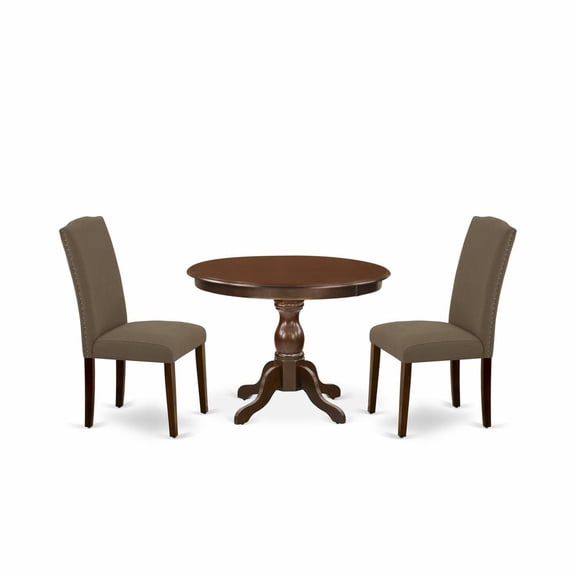 East West Furniture HBEN3-MAH-18 3 Piece Dining Table Set - Mahogany Dining Table and 2 Dark Coffee Linen Fabric Upholstered Dining Chairs Button Tufted Back with Nail Heads - Mahogany Finish