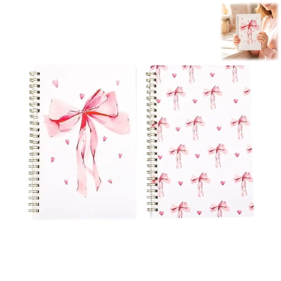 2PC Pink Bow Spiral Notebook, Cute Watercolor Pattern Journal Notebook For Note Taking, Planner And Handmade Diary