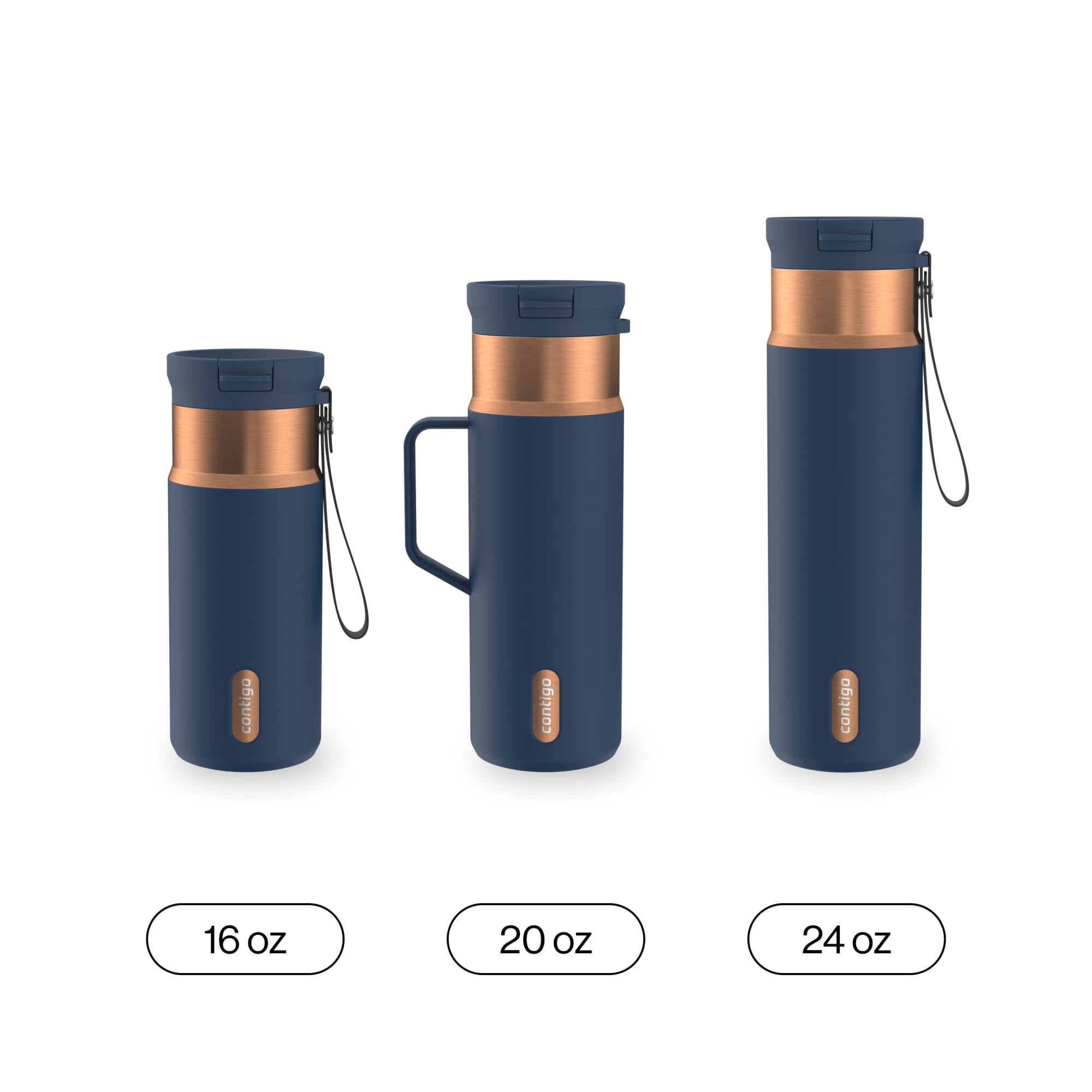 Contigo SnapSeal Leakproof Stainless Steel Reusable Water Bottle with Carrying Strap, Dark Blue/Bronze, 24 oz