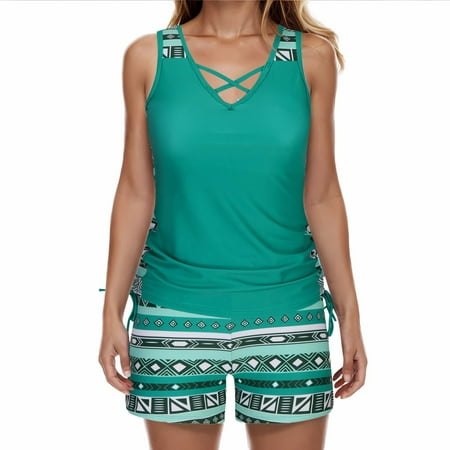 Women s Tankini Swimsuit Tummy Control 2 Piece Bathing Suit Striped Print Swim Tank Top With Boyshorts Green XL