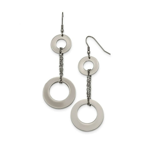 Ladies Chisel Stainless Steel Polished Circles Dangle Shepherd Hook Earrings