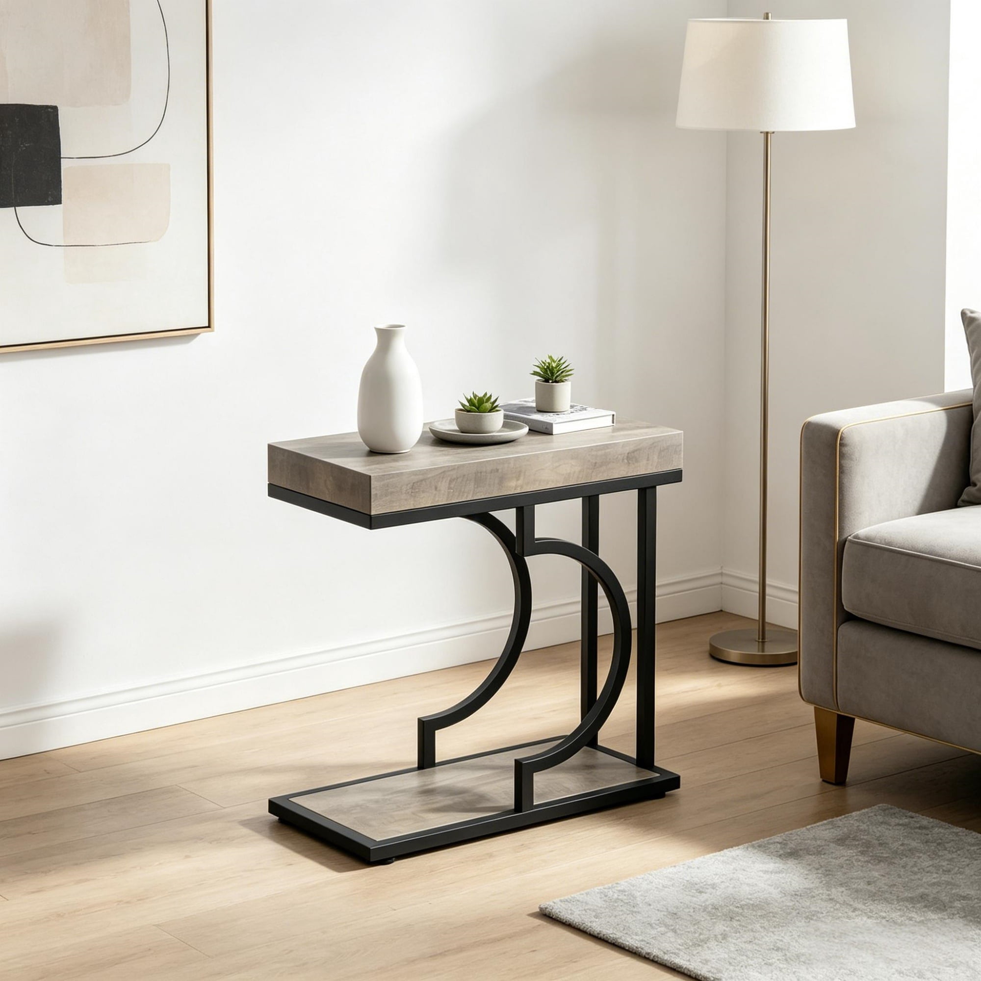 Faux Marble C-Shaped End Table Modern Gold Metal Frame, Compact Waterproof Scratch Resistant Side Table, Lightweight Movable Accent Table for Living Room Small Space Decor