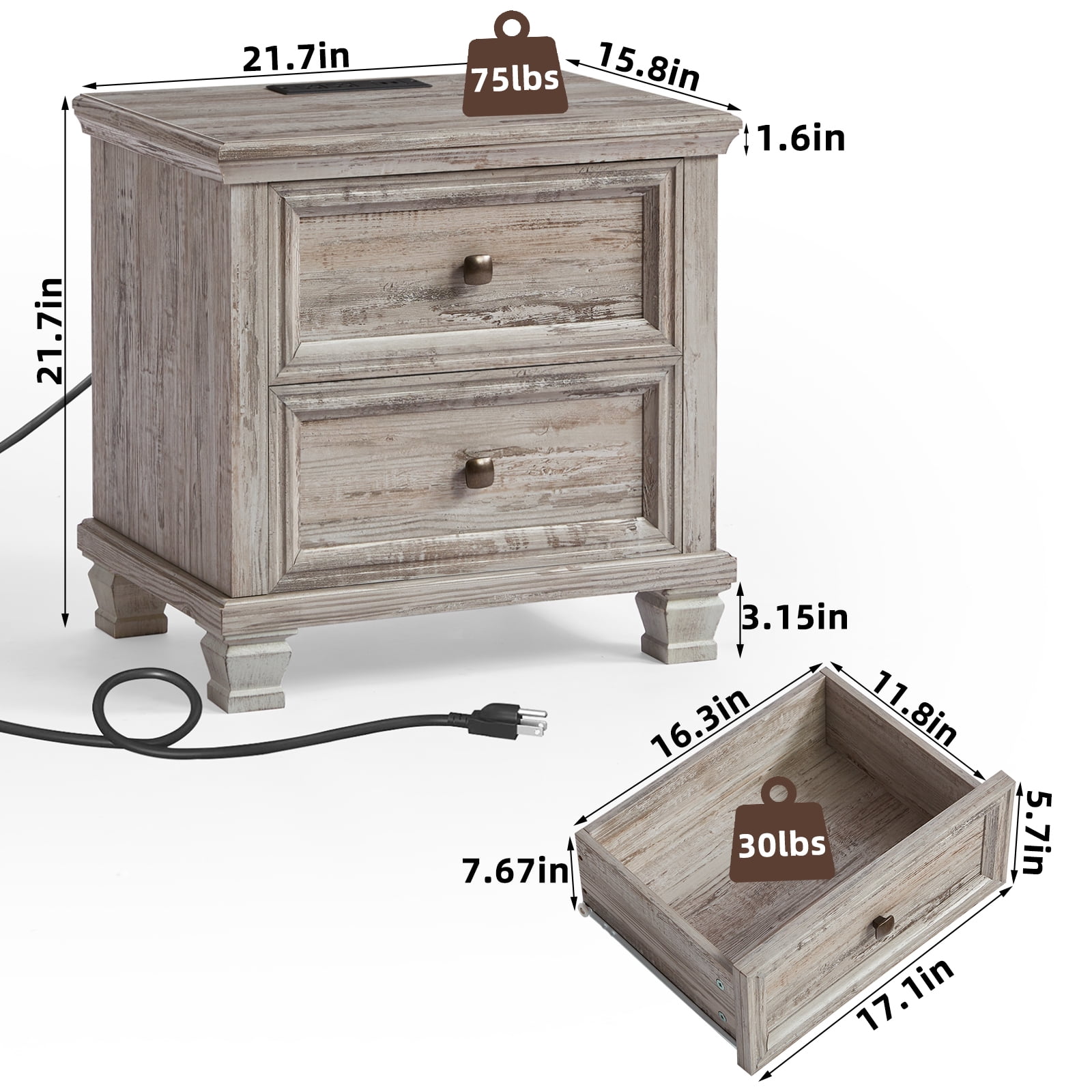 Buildhom 2pc Farmhouse Nightstand with Charging Station, 2-Drawer Rustic End Table with Solid Wood Legs for Bedroom, Grey'