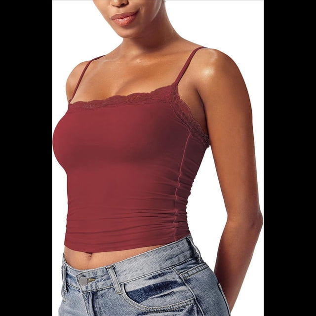 Camisola Básica de Encaje para Mujer, Cuello Cuadrado, Sin Mangas, Tirantes Finos Rojo Ladrillo XL