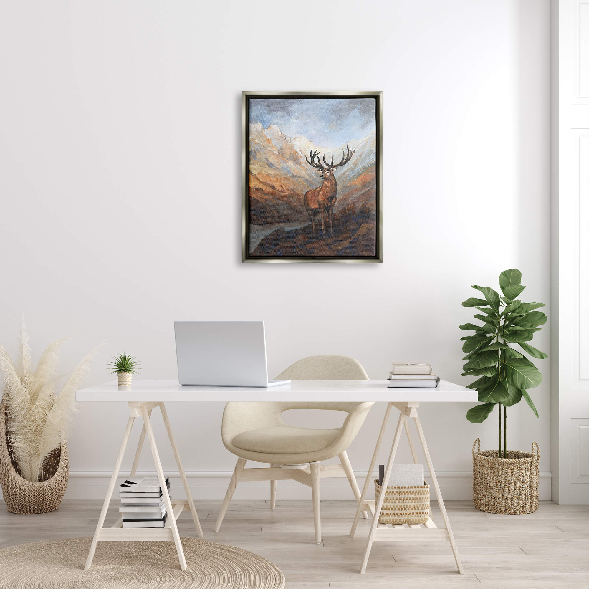 Stupell Wild Deer Breathtaking Mountain View Animals & Insects Painting Gray Floater Framed Art Print Wall Art