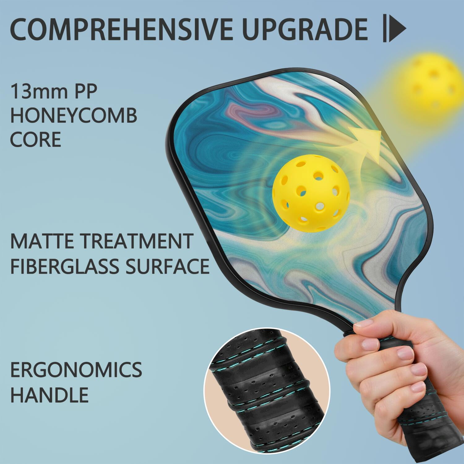 Pickleball Paddles Set Of 2, Fiberglass Surface, Liquid & Marble Print, 4 Balls & Bag