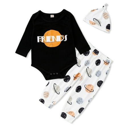 

OLLUISNEO Newborn Baby Boys Romper Outfits Fall Winter Letter Print Round Neck Long Sleeve Jumpsuit Pants Hat 3 PCS Set 3-6 Months Black White