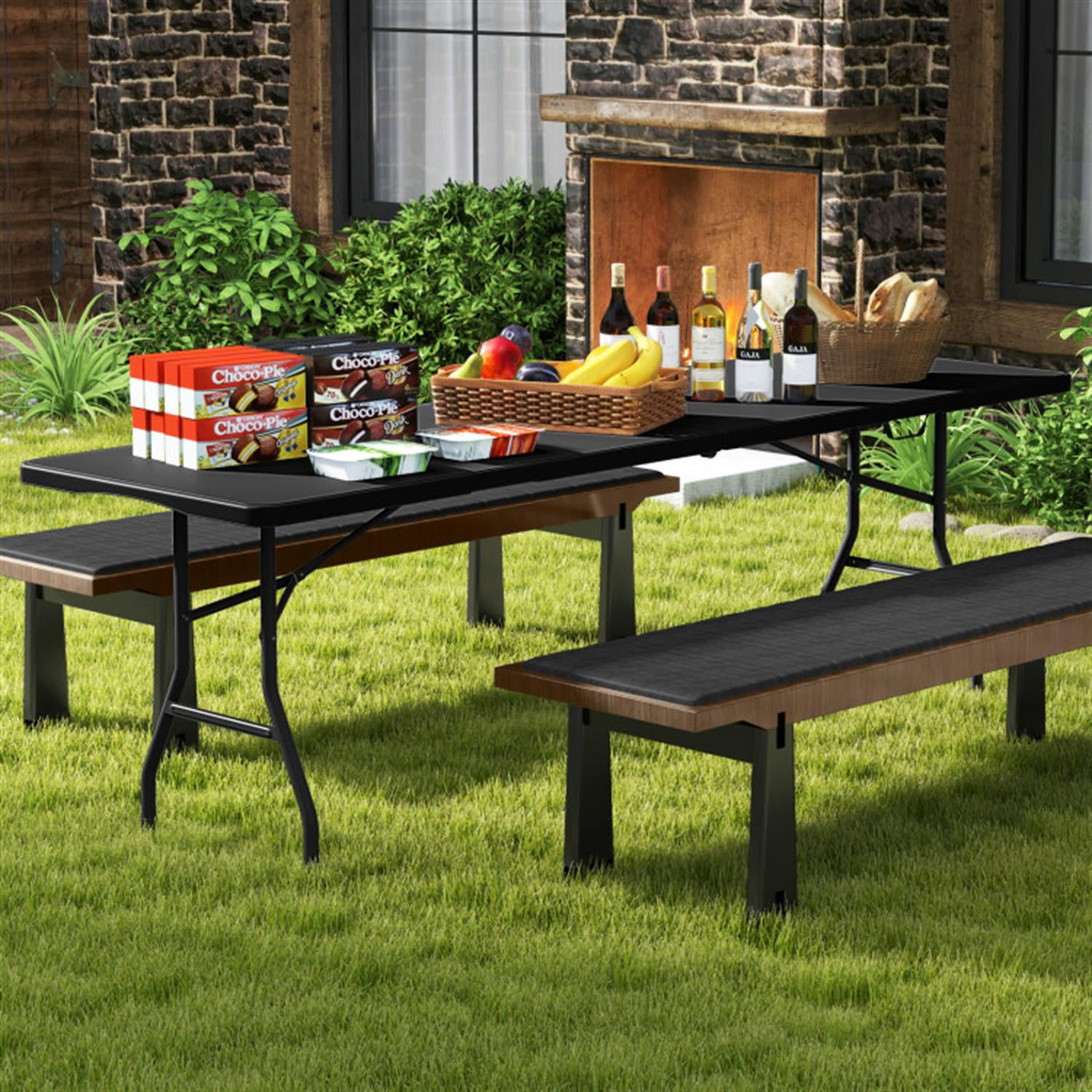 Demi Bonn 8 ft Portable Folding Table 350S Fold-in-Half Table with HDPE Tabletop fordoor Outdoor, Plastic Dining Picnic Party Camping Table, Black