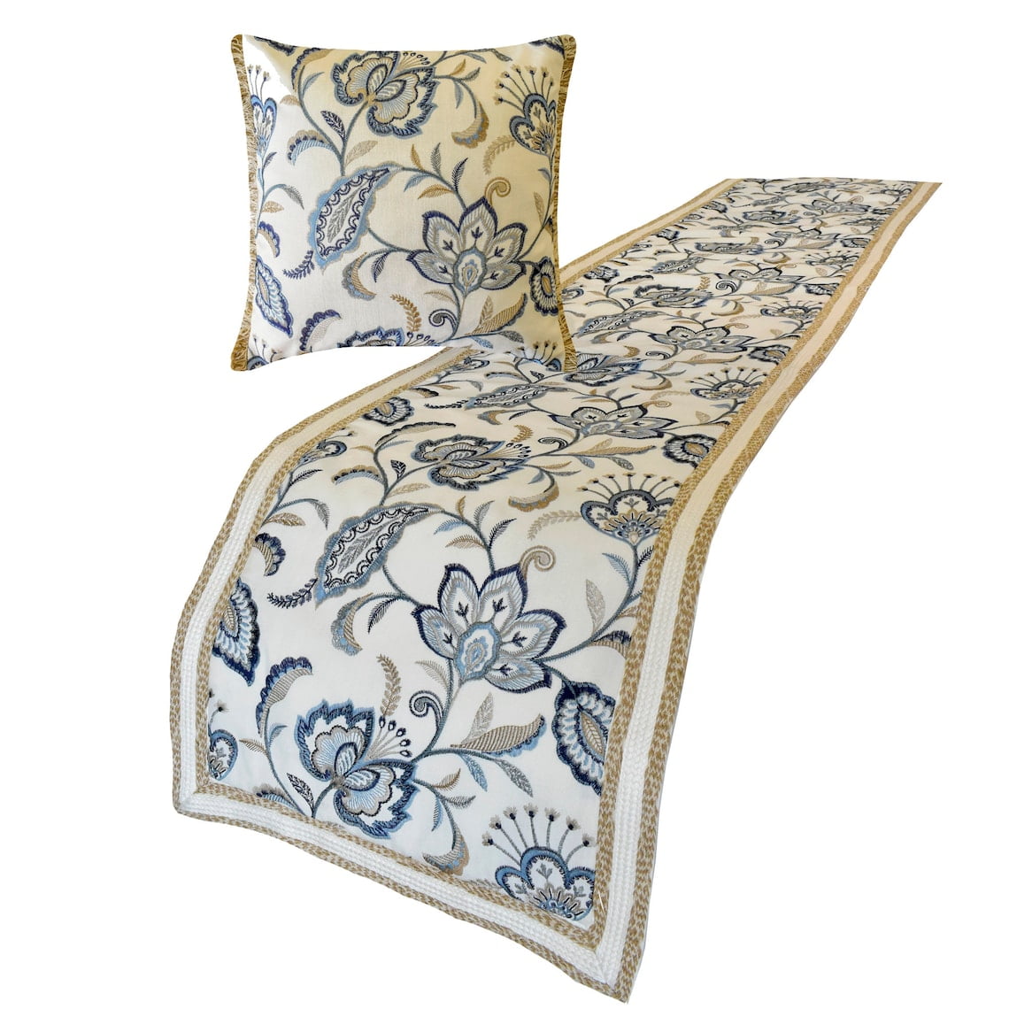 The HomeCentric King / Queen / Twin Blue Designer King 90"x18" Bed Runner With 2 Pillow Cover, Floral, Embroidered, Jute Lace & Lace Bed Scarf on Cotton fabric - Morning Glories