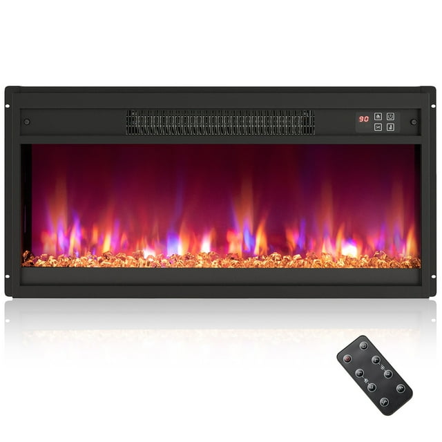 Gymax Insert de Foyer Électrique 26 Pieds' Encastré, Chauffage de Foyer 1500 W avec Télécommande. Doté d'Un Cadre en Métal Noir et Verre Trempé avec des Effets de Flamme Vibrants et Personnalisables en 8 Couleurs, 3 Niveaux de Luminosité et 5 Réglages de Vitesse. Comprend un Cordon d'Alimentation 6 Pieds et une Télécommande pour Régler la Température (62°F-90°F), des Réglages de Flamme et une Minuterie. Conçu pour Chauffer des Espaces jusqu'à 1000 Pi2 avec un Débit de 5120 BTU. Mesure 26,9 Pieds'L x 4,6 Pieds'L x 13,4 Pieds'H.