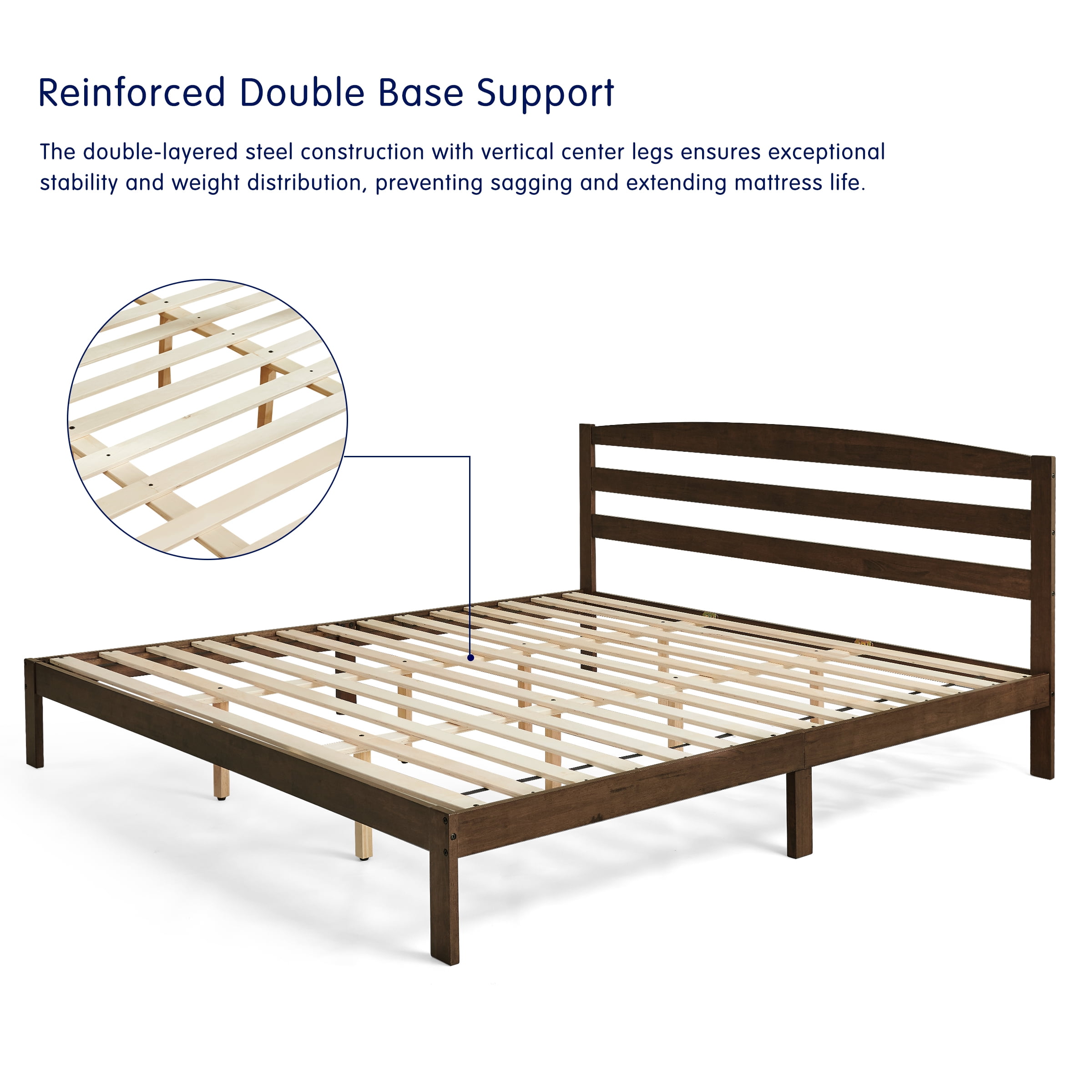 King Bed Frame, Wood Bed Platform with Headboard, No Box Spring, Dark Walnut