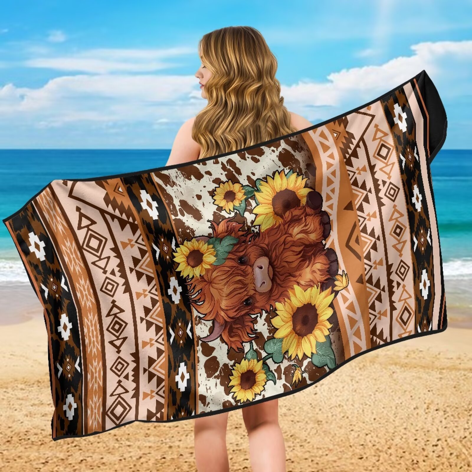 Binienty Highland Cow Sweat Proof Towel for Car Seat Soft Comfortable Removable Car Seat Towel Front Seats Cover After Gym Beach Yoga Workout Aztec Automotive Accessories